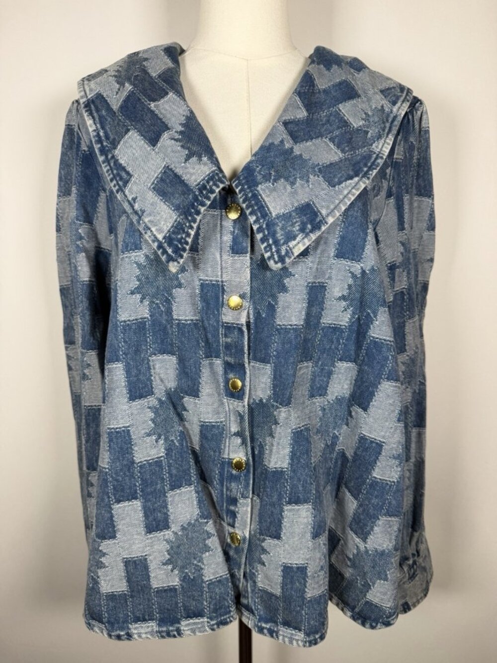 BARBOUR Bowhill Denim patchwork peter pan collar oversized shirt 10 boho retro